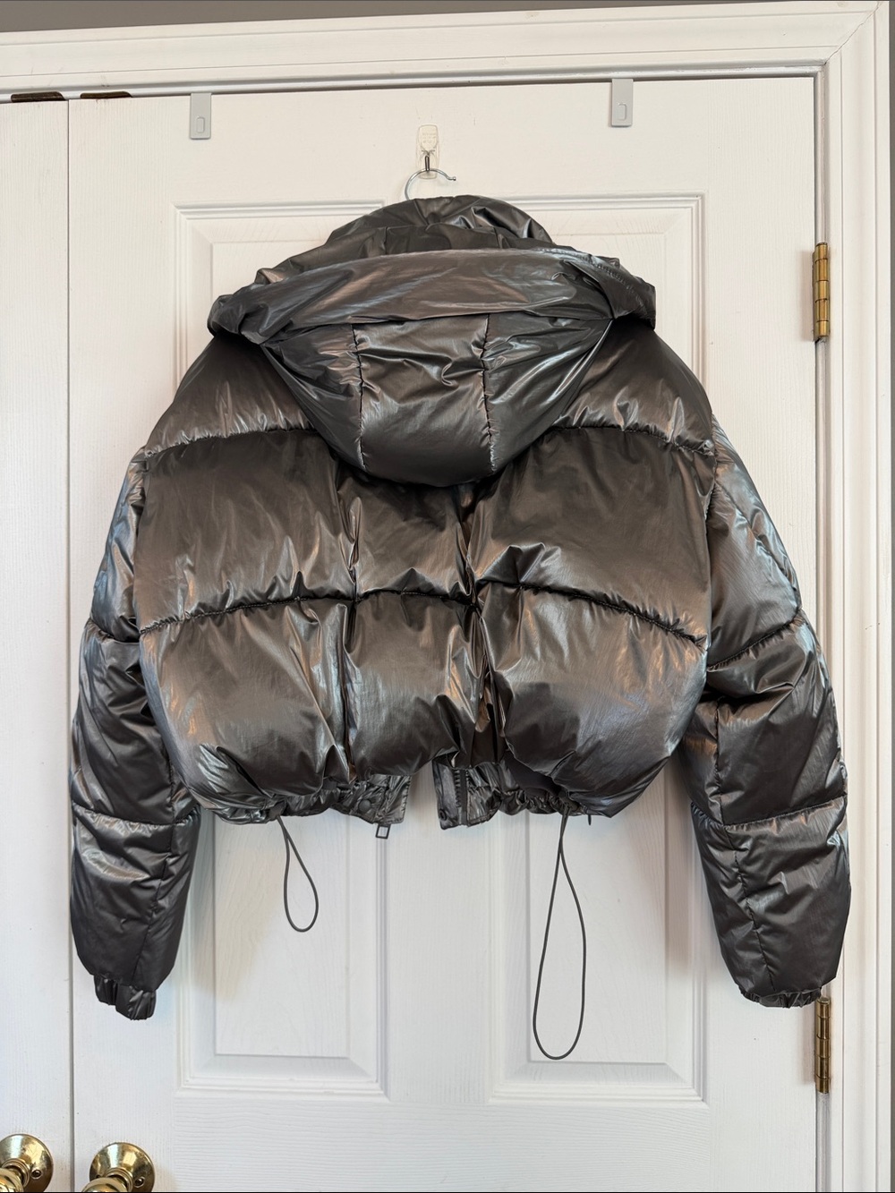 ZARA Metallic Gray Cropped Puffer Jacket with Hood - Picture 6 of 8